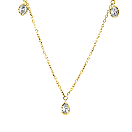 Collier 18 kt GG, mit ZÖ 43 cm + 40,6 cm, 3 Tropfen 0,27 ct, TW-si, 2 Oval 0,21 ct, TW-si