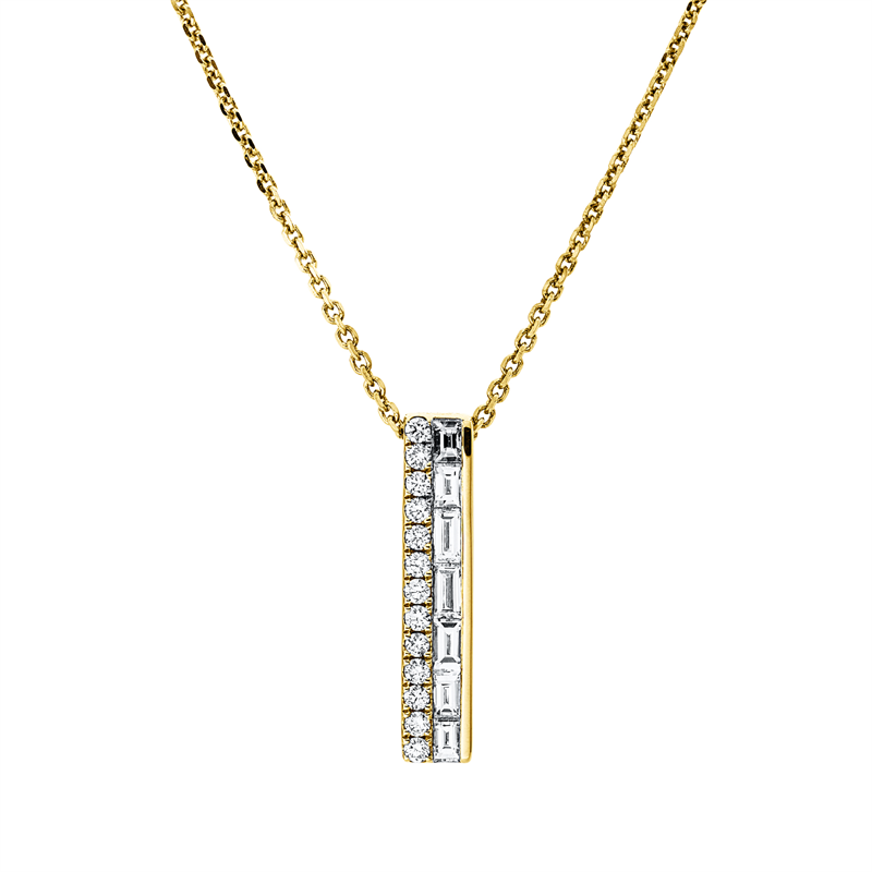 Collier 14 kt GG, mit ZÖ 40 cm + 43 cm, 7 Bag. 0,52 ct, TW-vsi, 13 Brill. 0,21 ct, TW-vsi