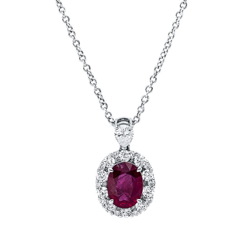 Collier 18 kt WG, mit Öse, 1 Tropfen 0,22 ct, TW-vsi, 30 Brill. 0,55 ct, TW-si, 1 Rubin 2,00 ct rot