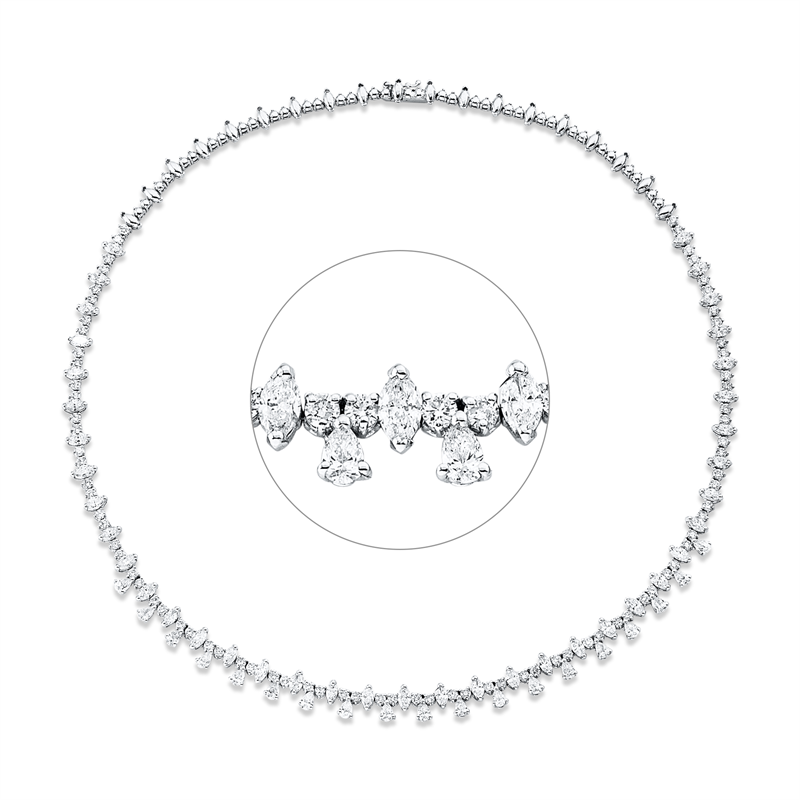Collier 18 kt WG, 19 Tropfen 1,62 ct, F-si, 80 Brill. 2,68 ct, F-si, 39 Nav. 4,07 ct, F-si
