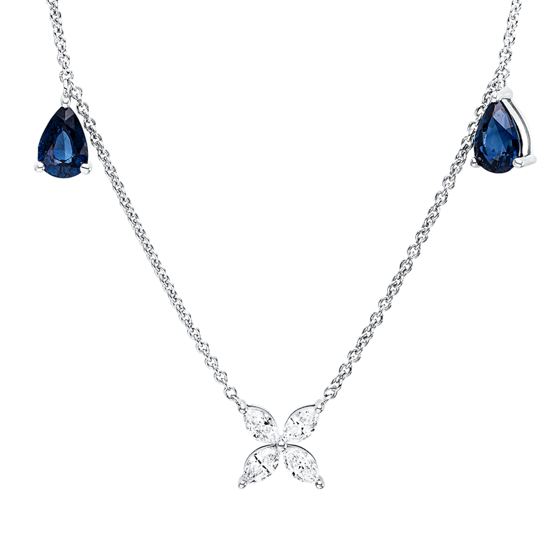 Collier 18 kt WG, mit ZÖ 40 cm + 42,5 cm, 12 Nav. 0,67 ct, TW-si, 2 Saphire 1,21 ct blau