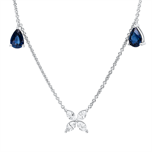 Collier 18 kt WG, mit ZÖ 40 cm + 42,5 cm, 12 Nav. 0,67 ct, TW-si, 2 Saphire 1,21 ct blau