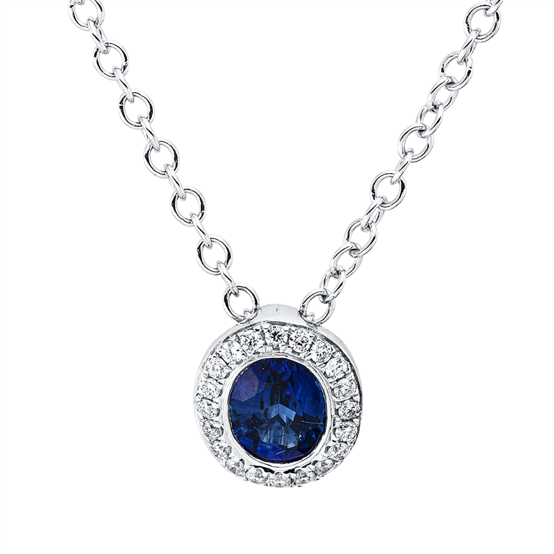 Collier 18 kt WG, mit ZÖ 40,6 cm, 20 Brill. 0,06 ct, TW-vsi, 1 Saphir 0,40 ct blau