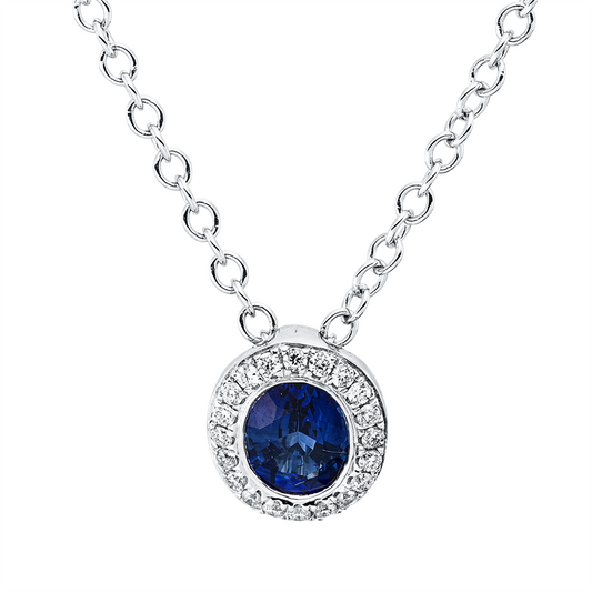 Collier 18 kt WG, mit ZÖ 40,6 cm, 20 Brill. 0,06 ct, TW-vsi, 1 Saphir 0,40 ct blau