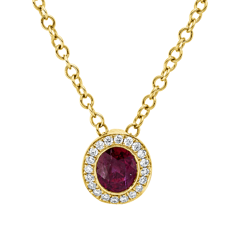 Collier 18 kt GG, mit ZÖ 40,6 cm, 20 Brill. 0,06 ct, TW-vsi, 1 Rubin 0,48 ct rot