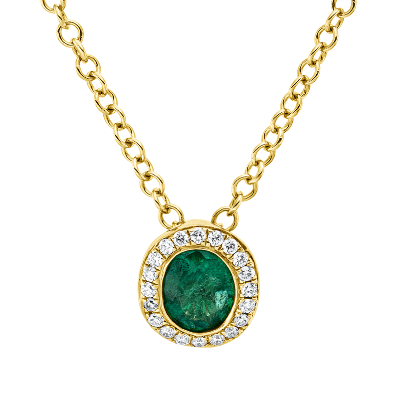Collier 18 kt GG, mit ZÖ 40,6 cm, 20 Brill. 0,06 ct, TW-vsi, 1 Smaragd 0,35 ct grün