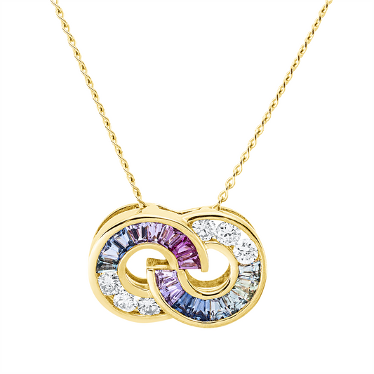 Collier 14 kt GG, mit ZÖ 40 cm + 42,5 cm, 6 Brill. 0,18 ct, TW-si, 16 Saphire 0,36 ct multicolor