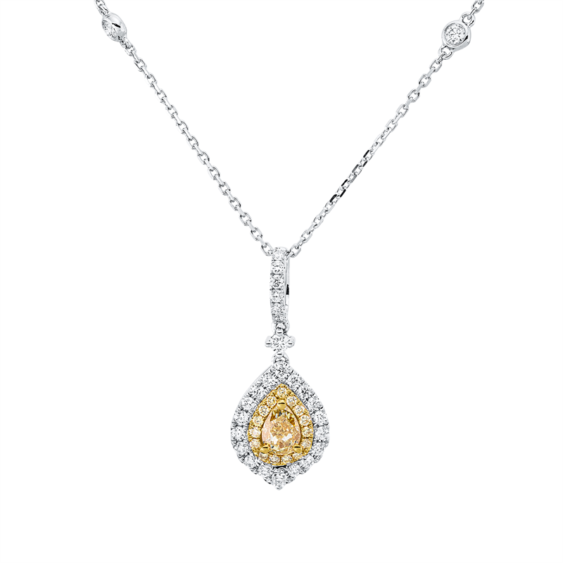 Collier 18 kt WG+GG, 27 Brill. 0,30 ct, TW-si, 1 Tropfen 0,41 ct, gelb, 15 Brill. 0,08 ct, gelb