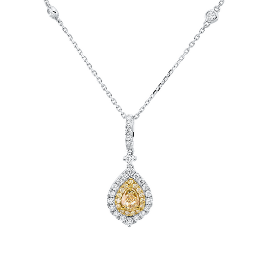 Collier 18 kt WG+GG, 27 Brill. 0,30 ct, TW-si, 1 Tropfen 0,41 ct, gelb, 15 Brill. 0,08 ct, gelb