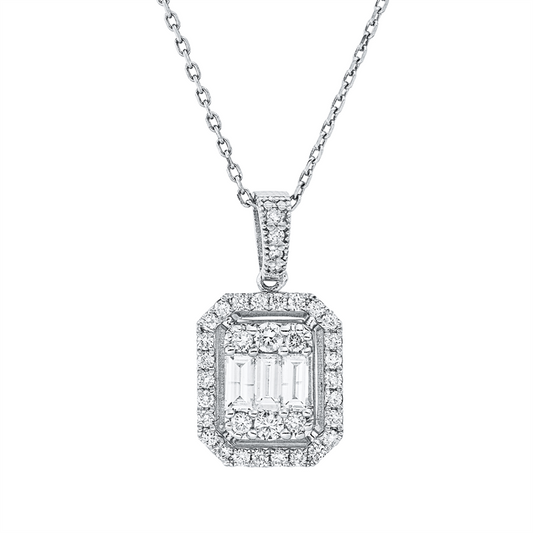 Collier 14 kt WG, mit Öse, 3 Bag. 0,30 ct, F-vsi, 2 Brill. 0,09 ct, F-vsi, 34 Brill. 0,32 ct, F-si