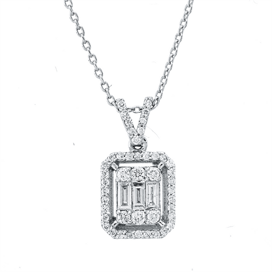 Collier 14 kt WG, mit Öse, 6 Brill. 0,07 ct, F-si, 3 Bag. 0,10 ct, F-vsi, 39 Brill. 0,12 ct, F-si