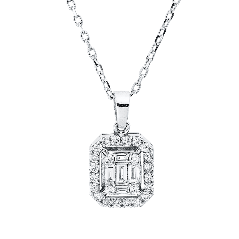 Collier 14 kt WG, mit ZÖ 40,6 cm, 2 Bag. 0,02 ct, F-vsi, 3 Bag. 0,09 ct, F-vsi, 24 Brill. 0,15 ct, F-si