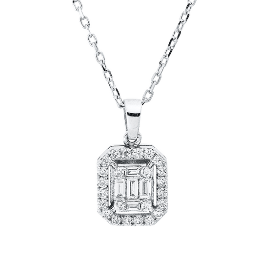 Collier 14 kt WG, mit ZÖ 40,6 cm, 2 Bag. 0,02 ct, F-vsi, 3 Bag. 0,09 ct, F-vsi, 24 Brill. 0,15 ct, F-si