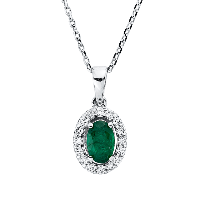 Collier 18 kt WG, mit Öse, 16 Brill. 0,16 ct, F-si, 1 Smaragd 0,49 ct grün