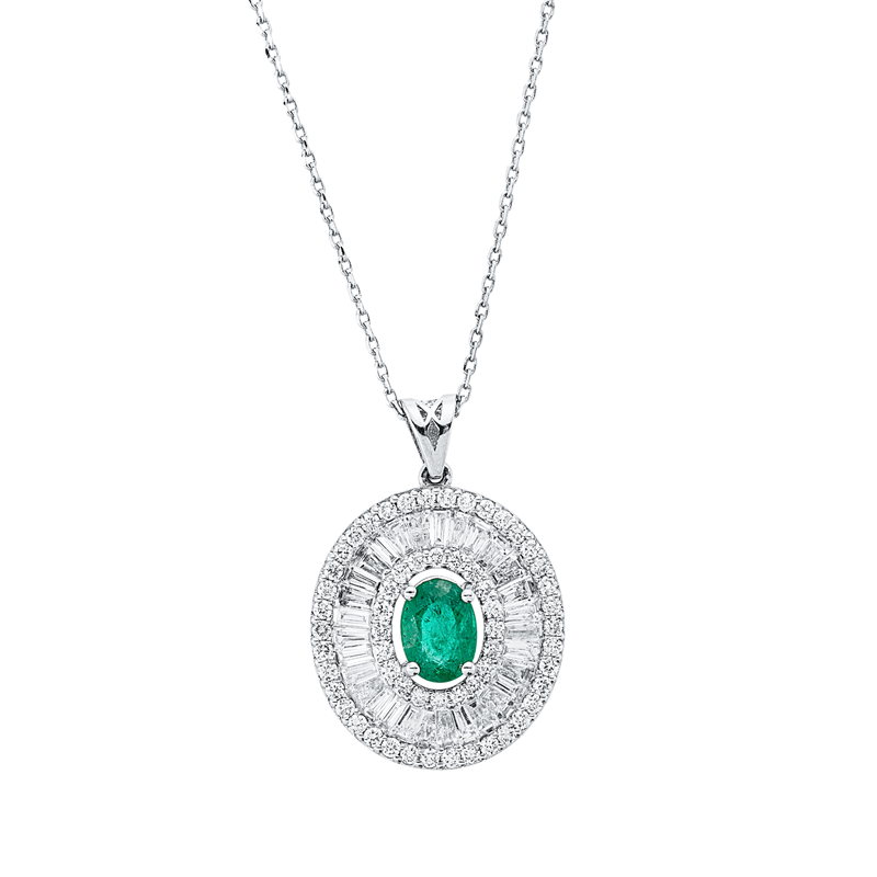 Collier 18 kt WG, mit Öse, 30 Trap. 0,92 ct, F-vsi, 58 Brill. 0,58 ct, F-si, 1 Smaragd 0,84 ct grün
