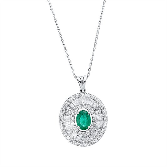Collier 18 kt WG, mit Öse, 30 Trap. 0,92 ct, F-vsi, 58 Brill. 0,58 ct, F-si, 1 Smaragd 0,84 ct grün