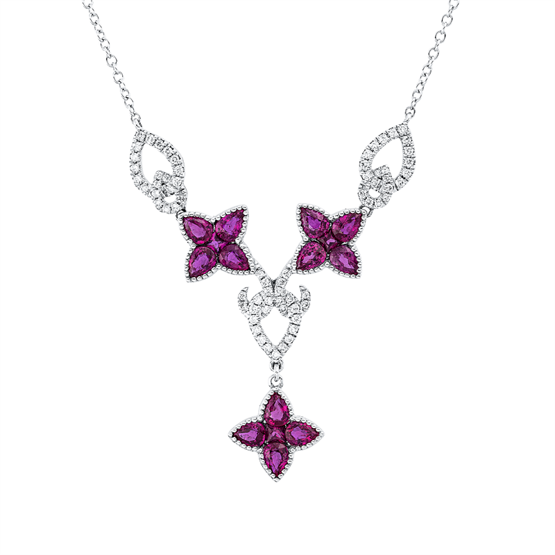 Collier 18 kt WG, mit ZÖ 40,6 cm, 69 Brill. 0,30 ct, TW-si, 3 Rubine 0,19 ct rot, 12 Rubine 2,31 ct rot