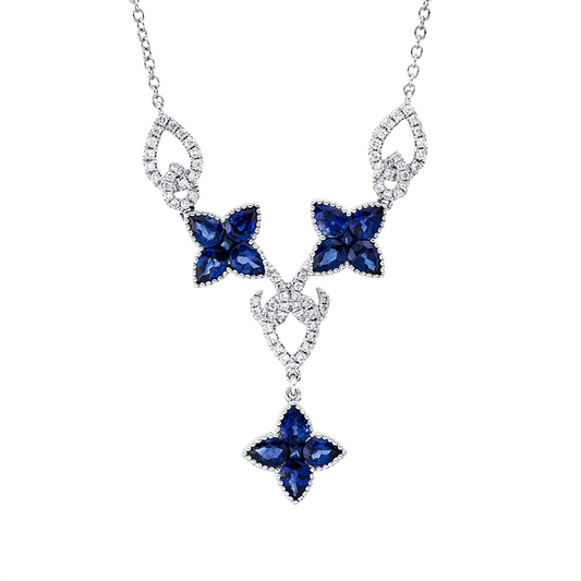 Collier 18 kt WG, mit ZÖ 40,6 cm, 69 Brill. 0,30 ct, TW-si, 3 Saphire 0,20 ct blau, 12 Saphire 2,84 ct blau