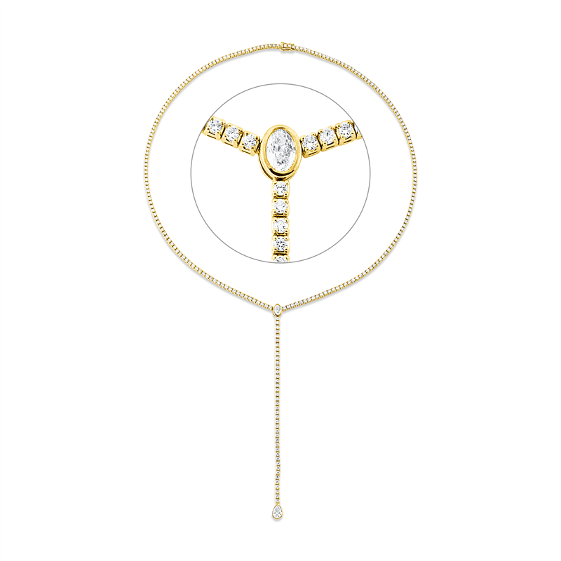 Collier 14 kt GG, 1 Oval 0,39 ct, W-si/pi, 1 Tropfen 0,70 ct, W-si/pi, 241 Brill. 4,77 ct, W-si/pi