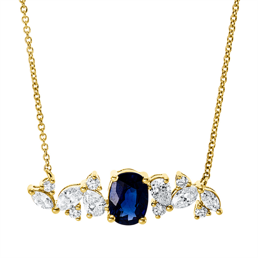 Collier 18 kt GG, 4 Nav. 0,30 ct, 2 Tropfen 0,23 ct, 6 Brill. 0,09 ct, TW-si, 1 Saphir 1,03 ct blau