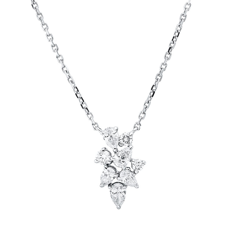 Collier 18 kt WG, mit ZÖ 40 cm + 43 cm, 5 Tropfen 0,37 ct, TW-si, 3 Brill. 0,10 ct, TW-si