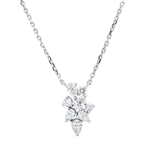Collier 18 kt WG, mit ZÖ 40 cm + 43 cm, 5 Tropfen 0,37 ct, TW-si, 3 Brill. 0,10 ct, TW-si