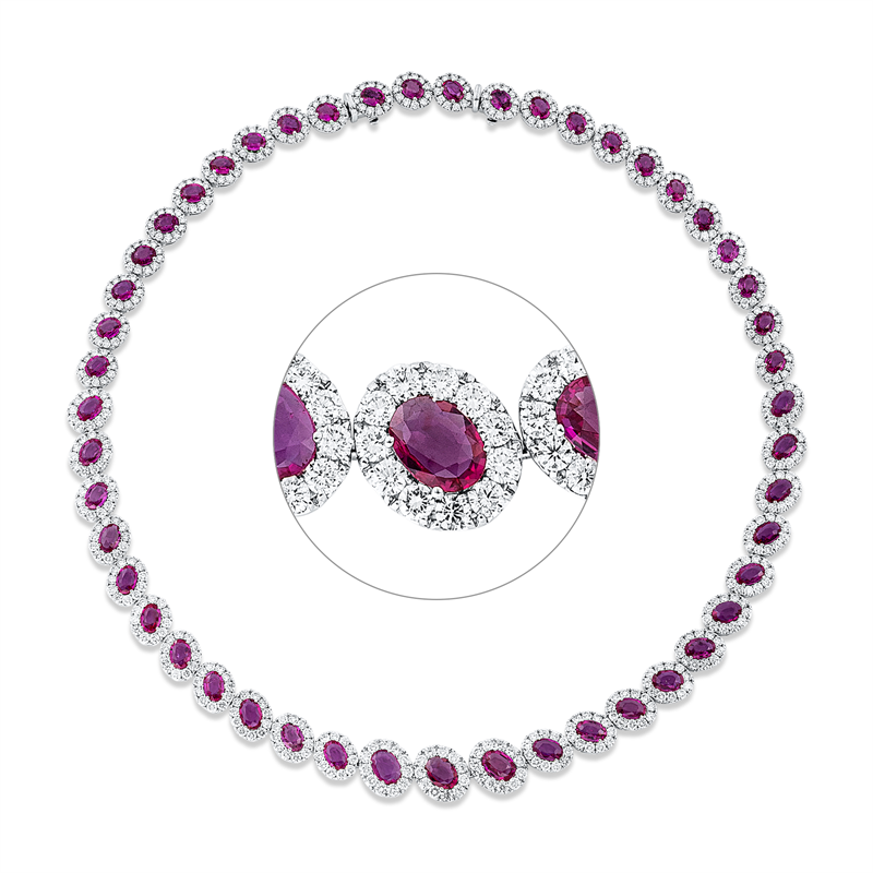 18 kt WG, 539 Brill. 14,26 ct, TW-vsi, 49 Rubine 23,42 ct rot