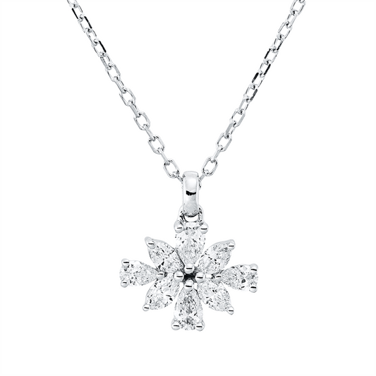 Collier 18 kt WG, mit ZÖ 40 cm, 4 Nav. 0,15 ct, TW-vsi, 4 Tropfen 0,19 ct, TW-vsi