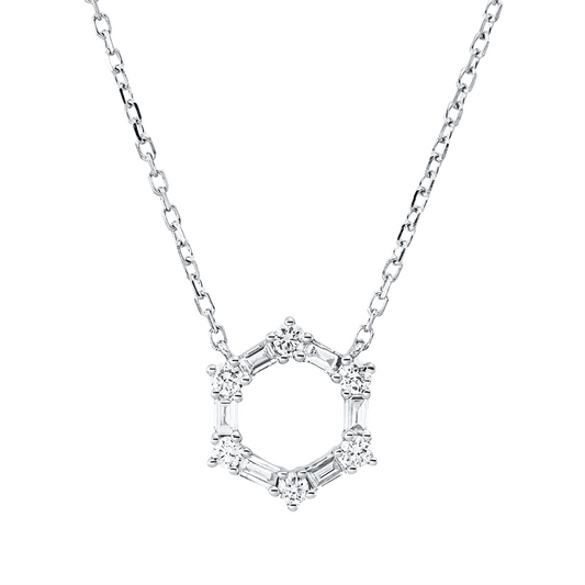 Collier 18 kt WG, mit ZÖ 40 cm, 6 Bag. 0,12 ct, TW-vsi, 6 Brill. 0,11 ct, TW-si