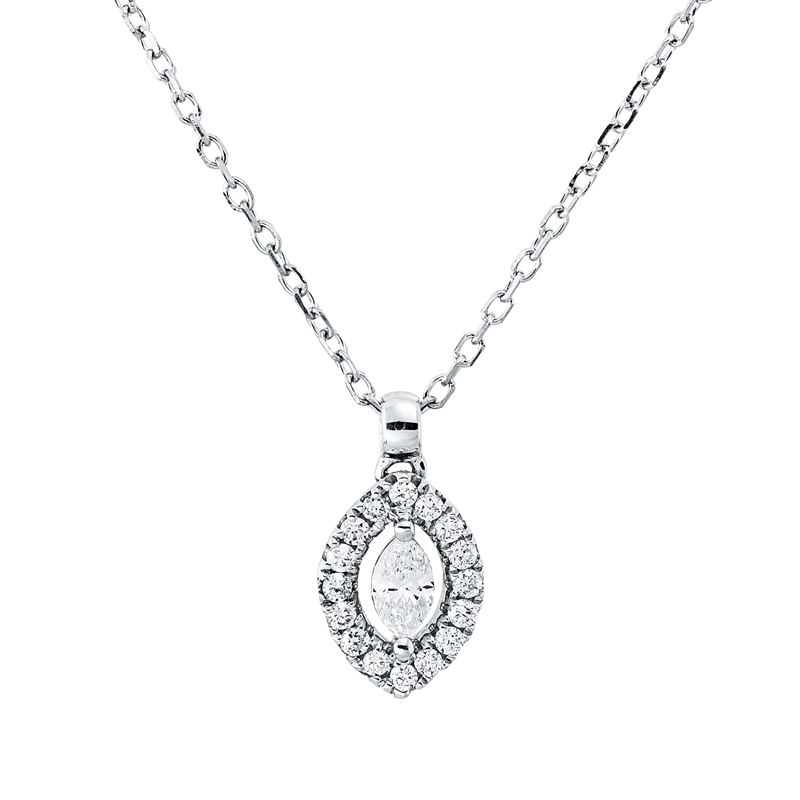 Collier 18 kt WG, mit ZÖ 40 cm, 1 Nav. 0,08 ct, TW-vsi, 16 Brill. 0,08 ct, TW-si