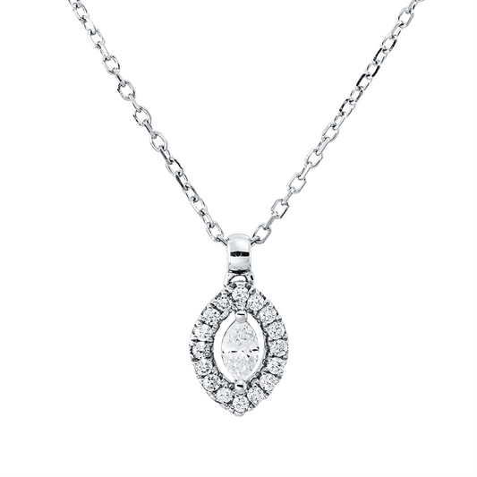 Collier 18 kt WG, mit ZÖ 40 cm, 1 Nav. 0,08 ct, TW-vsi, 16 Brill. 0,08 ct, TW-si