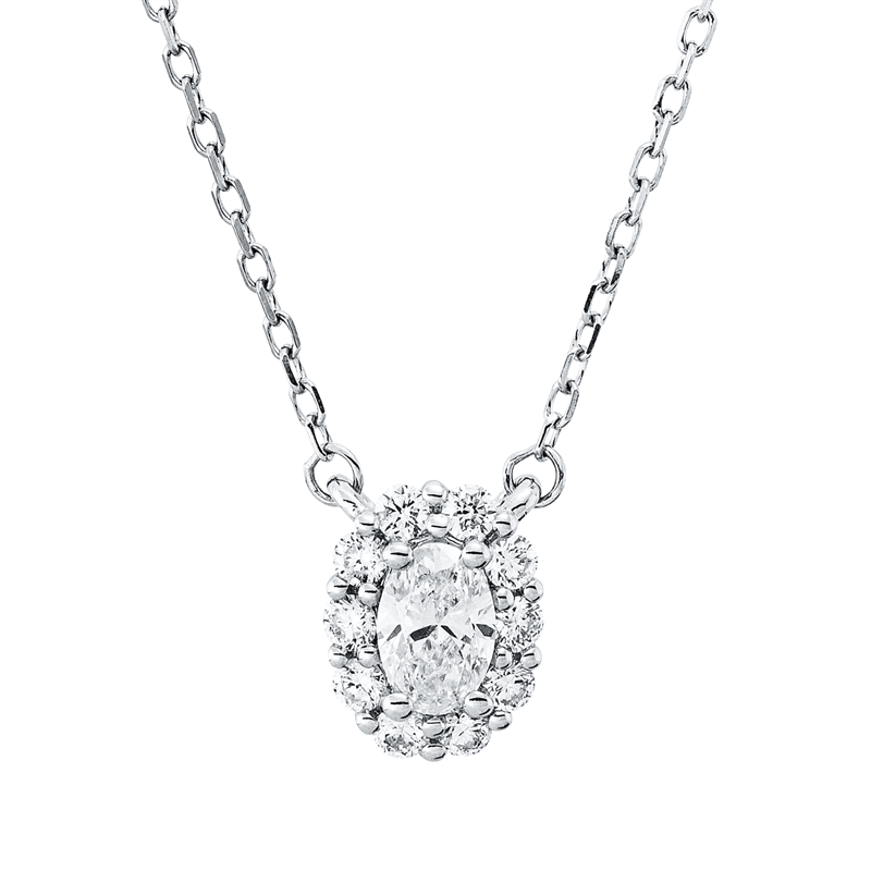 Collier 18 kt WG, mit ZÖ 40 cm, 1 Oval 0,20 ct, TW-vsi, 10 Brill. 0,15 ct, TW-si