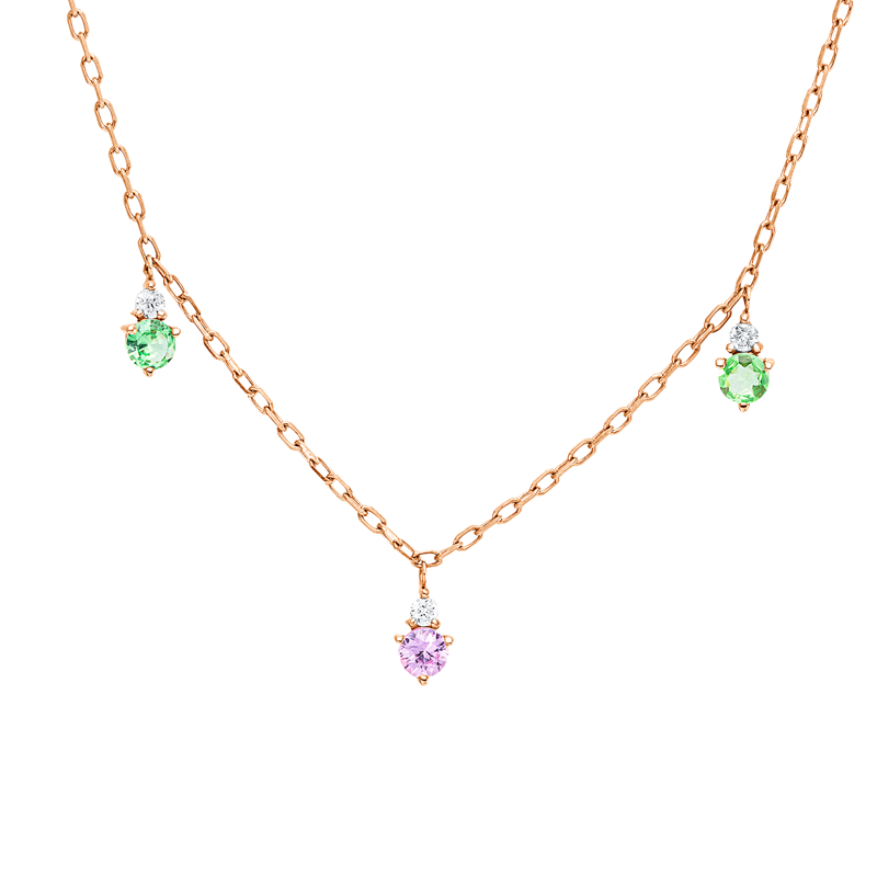 Collier 18 kt RG, mit ZÖ 40 cm, 5 Brill. 0,09 ct, TW-si, 2 Tsavorith 0,18 ct grün, 3 Saphire 0,32 ct pink