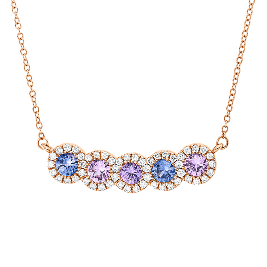 Collier 18 kt RG, mit ZÖ 40 cm, 52 Brill. 0,20 ct, TW-si, 5 Saphire 0,54 ct multicolor