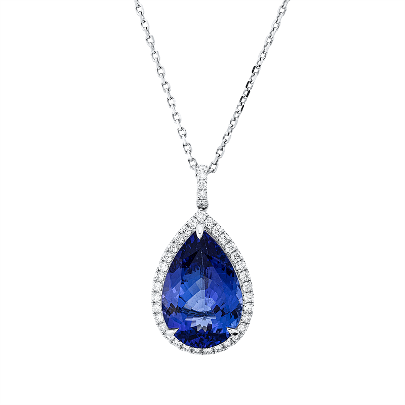 Collier 18 kt WG, mit ZÖ 40 cm + 43 cm, 38 Brill. 0,59 ct, TW-si, 1 Tansanit 11,20 ct blau