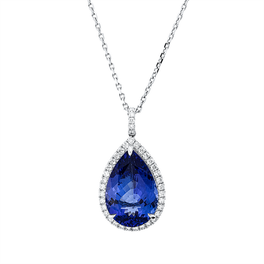 Collier 18 kt WG, mit ZÖ 40 cm + 43 cm, 38 Brill. 0,59 ct, TW-si, 1 Tansanit 11,20 ct blau