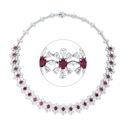 Collier 18 kt WG, 36 Nav. 2,54 ct, F-vvs/vs, 194 Tropfen 17,88 ct, F-vvs/vs, 25 Rubine 10,55 ct rot