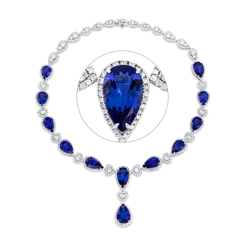 Collier 950 Pt WG+P950,11 Herzschl.3,46ct, TW-si, 687 Brill.14,82ct, TW-si,12 Tansanit 66,55ct blau