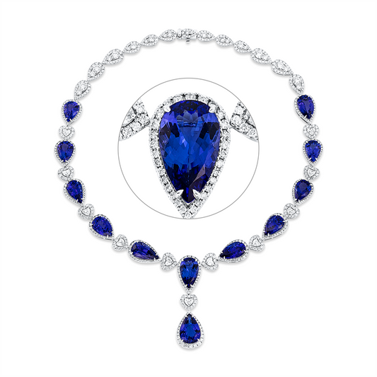 Collier 950 Pt WG+P950,11 Herzschl.3,46ct, TW-si, 687 Brill.14,82ct, TW-si,12 Tansanit 66,55ct blau