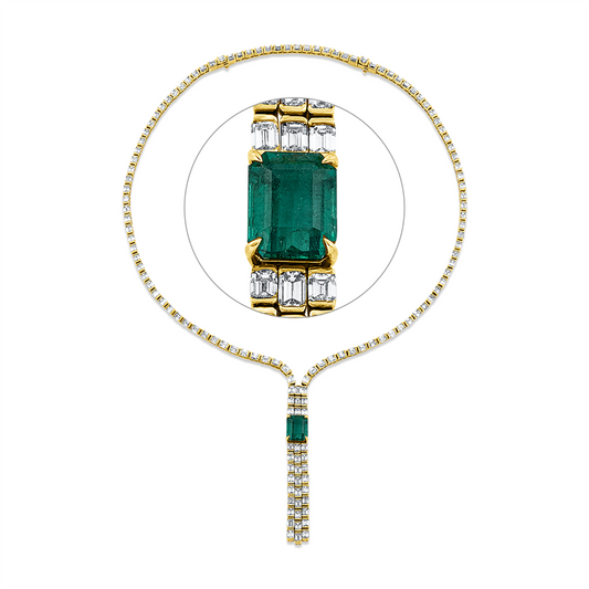 Collier 18 kt GG, 138 Bag. 26,57 ct, gelb, 1 Smaragd 5,16 ct grün