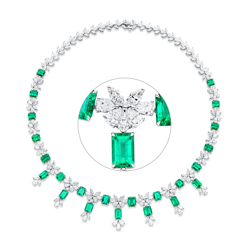 Collier 18k WG, 90 Nav.6,14ct, 7 Brill.0,36ct, 99 Tropfen 12,77ct, F-vvs/vs, 23 Smaragde 16,71ct grün