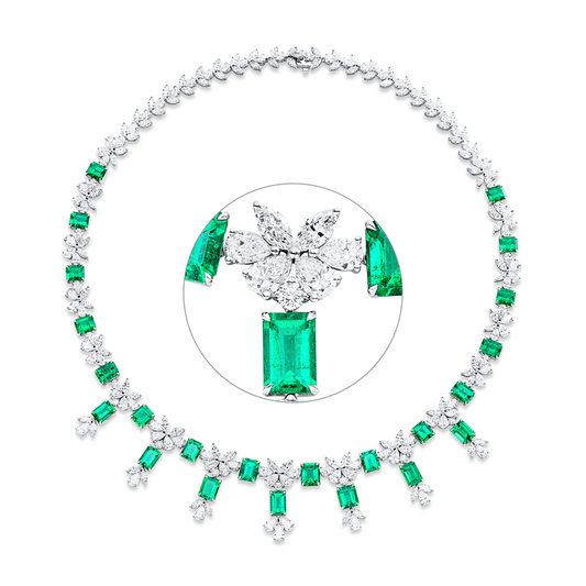 Collier 18k WG, 90 Nav.6,14ct, 7 Brill.0,36ct, 99 Tropfen 12,77ct, F-vvs/vs, 23 Smaragde 16,71ct grün