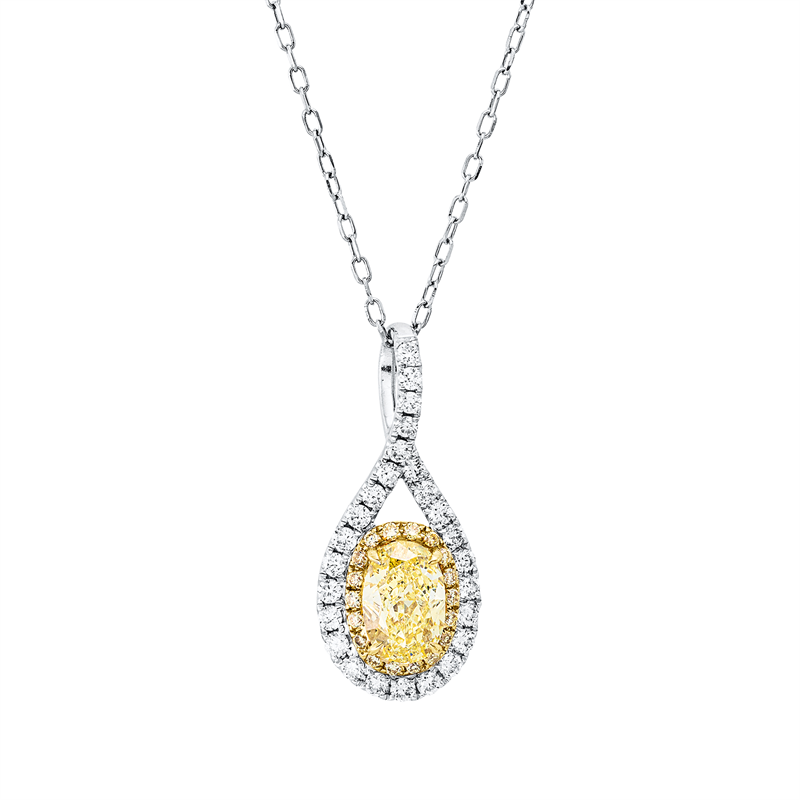 Collier 900 Pt GP, GIA_2176006204, 1 Oval 0,79ct, gelb, 18 Brill. 0,07ct, gelb, 26 Brill. 0,25ct, F-vvs/vs