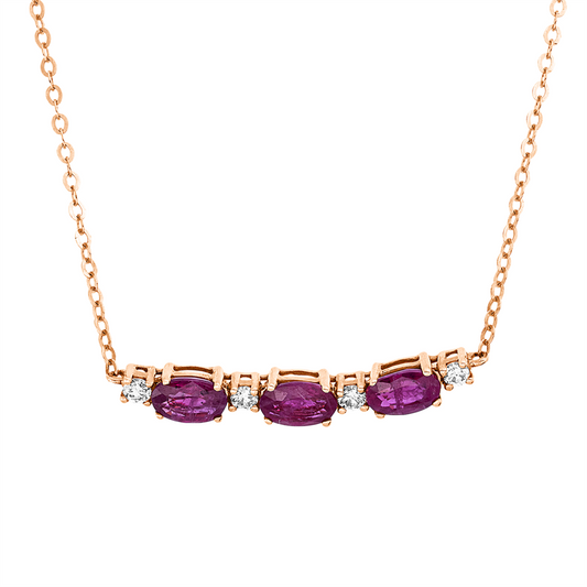 Collier 18 kt RG, mit ZÖ 40 cm + 43 cm, 4 Brill. 0,10 ct, F-si, 3 Rubine 0,87 ct rot