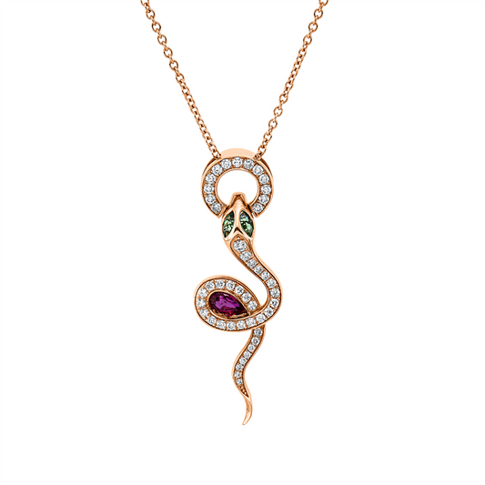 Collier 18 kt RG, 45 Brill. 0,29 ct, F-vsi, 1 Rubin 0,27 ct rot, 2 Tsavorith 0,14 ct grün