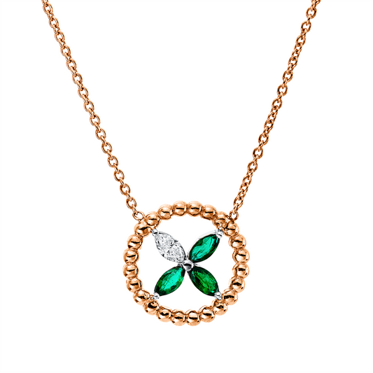 Collier 18 kt RG+WG, 1 Nav. 0,09 ct, F-vsi, 3 Smaragde 0,29 ct grün