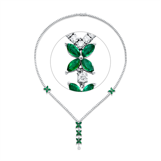 Collier 18 kt WG, 1 Tropfen 0,23 ct, TW-vsi, 91 Brill. 3,39 ct, F-vsi, 20 Smaragde 2,54 ct grün
