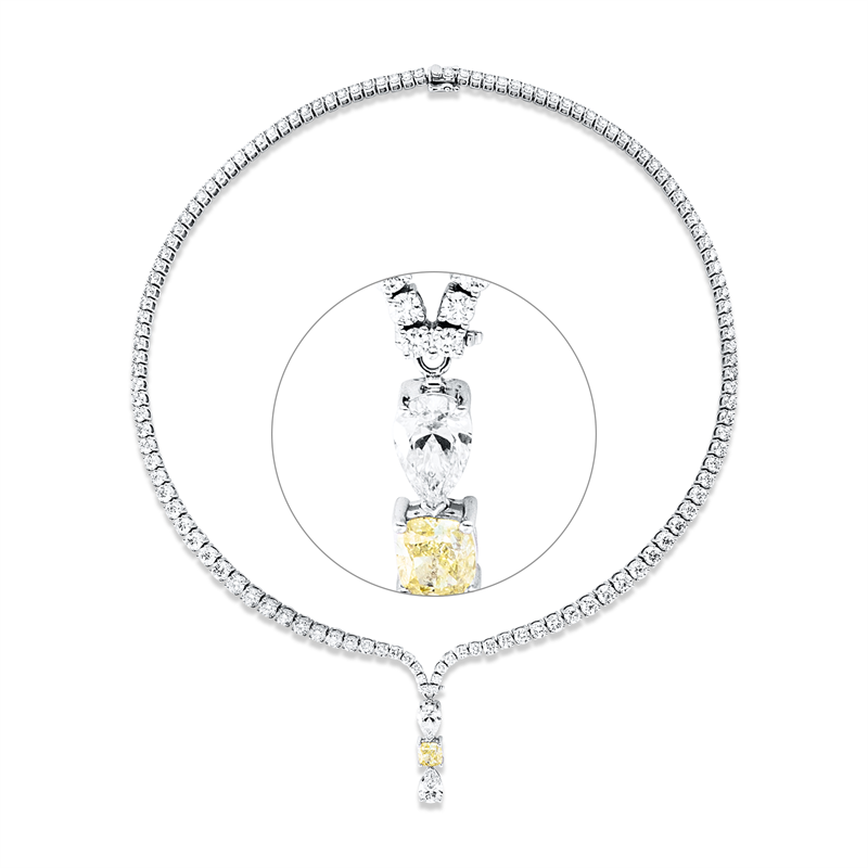 Collier 18 kt WG, 2 Tropfen 2,03 ct, W-vsi/si, 125 Brill. 16,31 ct, TW-si, 1 Cushion 1,13 ct, gelb-vsi