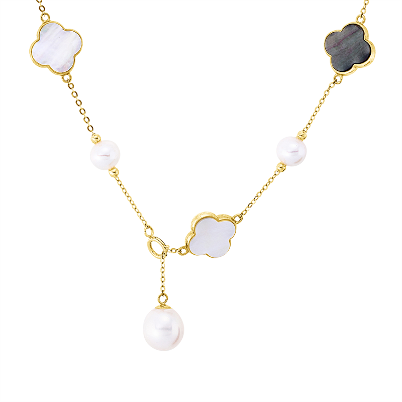 Collier 18 kt GG, 3 Perlmutt multicolor, 1 ZP weiß 8 mm, 4 ZP weiß 6 mm