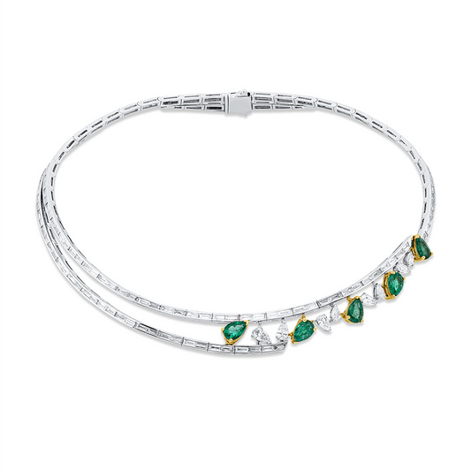 Collier 18 kt WG+GG, 8 Tropfen 1,44 ct, TW-si, 89 Bag. 3,35 ct, TW-si, 5 Smaragde 3,97 ct grün
